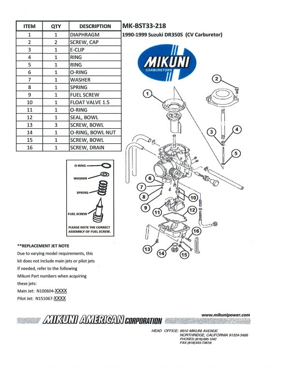 1990-1999 Suzuki DR350S Genuine Mikuni Carb Rebuild Kit MKBST33218