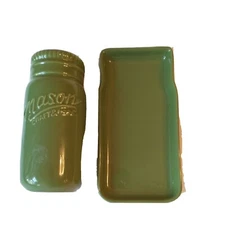  Mason Jar Butter Dish Covered Ceramic Farmhouse Avocado Green 8” X 4"