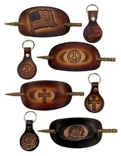 Genuine Leather Hair Barrette w Stick & Matching Keyfob, Ponytail Holder, Motif