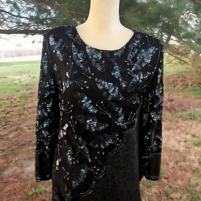 Vintage JLB Black 100% Silk Sequin Beaded Long Sleeve Dress M