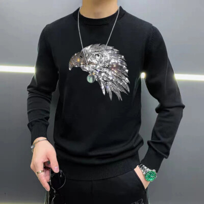 New Men Luxury Diamond Eagle Rhinestones Fashion Knitted Black White Sweater