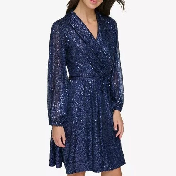 Vestido manga globo DKNY, color: azul marino talla 10 Foto 3 de 3