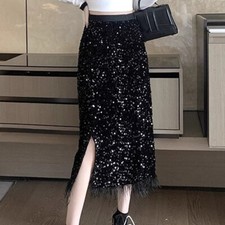 Femme Midi Velours Jupes Sequin Plume Gland Ourlet Haut Taille Élastique Fente