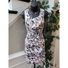 Loft Sheath Dress Women's Petite 2 Multi Floral Pleated Round Neck Back Zipper