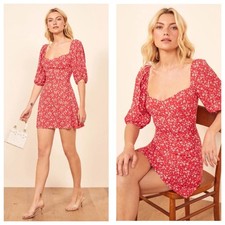 Reformation Kopa Sweetheart Neck Minidress Size 4 Red Floral Puff Sleeve 