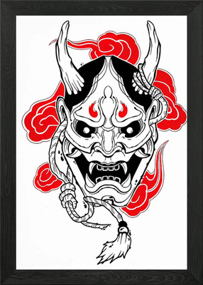 Hannya Maske mit roten Wolken gerahmtes Wandbild Poster Leinwanddruck Bild