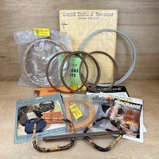 Lot Vintage Macrame Pattern Books Wood Metal Rattan Hoops Rings & Purse Handle