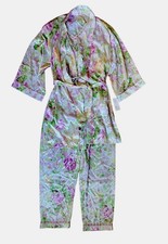Vtg Oscar De La Renta Pink Label Satin Pink Green Floral Robe Lounge 3 Piece Set