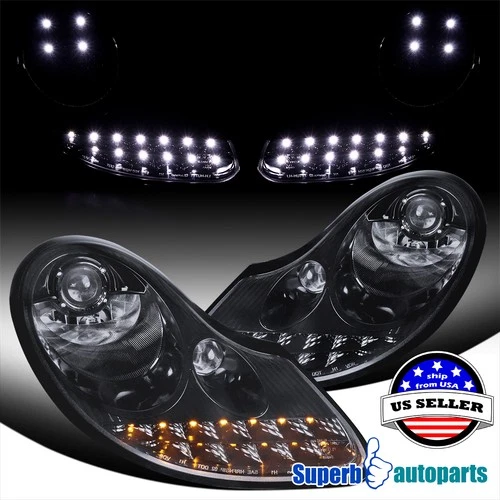 Fits 97-04 986 Porsche Boxster LED Signal Projector Glossy Black Headlights Pair