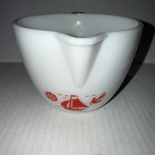 Vintage McKee Milk Glass Glasbake Red Ships 16 oz. Measuring Pitcher USA Retired