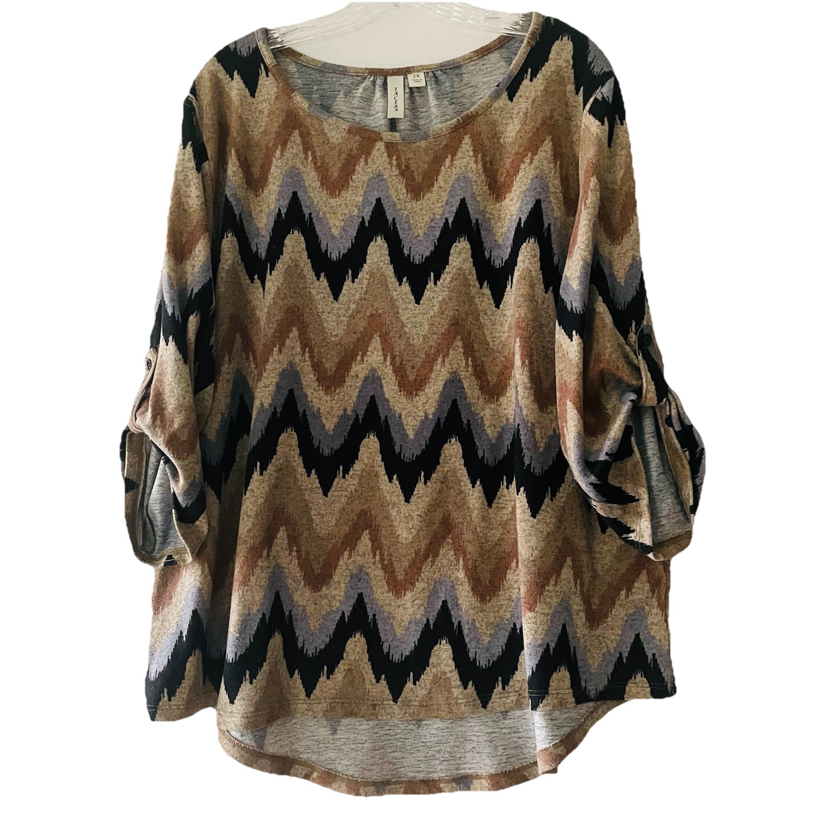 Tacera Women's Plus Size 2X Stretchy Artsy Print Roll Tab Sleeve Top Shirt