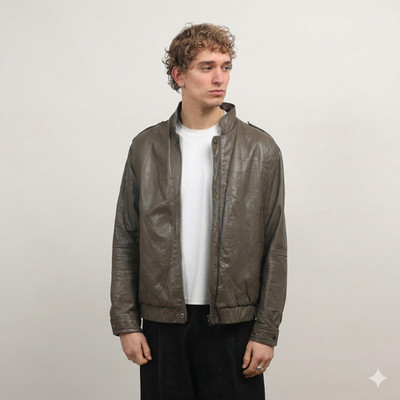 Men's Real Leather Jacket Cafe Racer Bomber Vintage Biker Motorcycle Coat Taupe