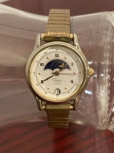 Vintage Timex Ladies Moon Phase With Date Function, Working, Stretch Band