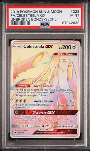 2019 Pokemon Sun & Moon Unbroken Bonds #228 Full Art Celesteela GX PSA 9