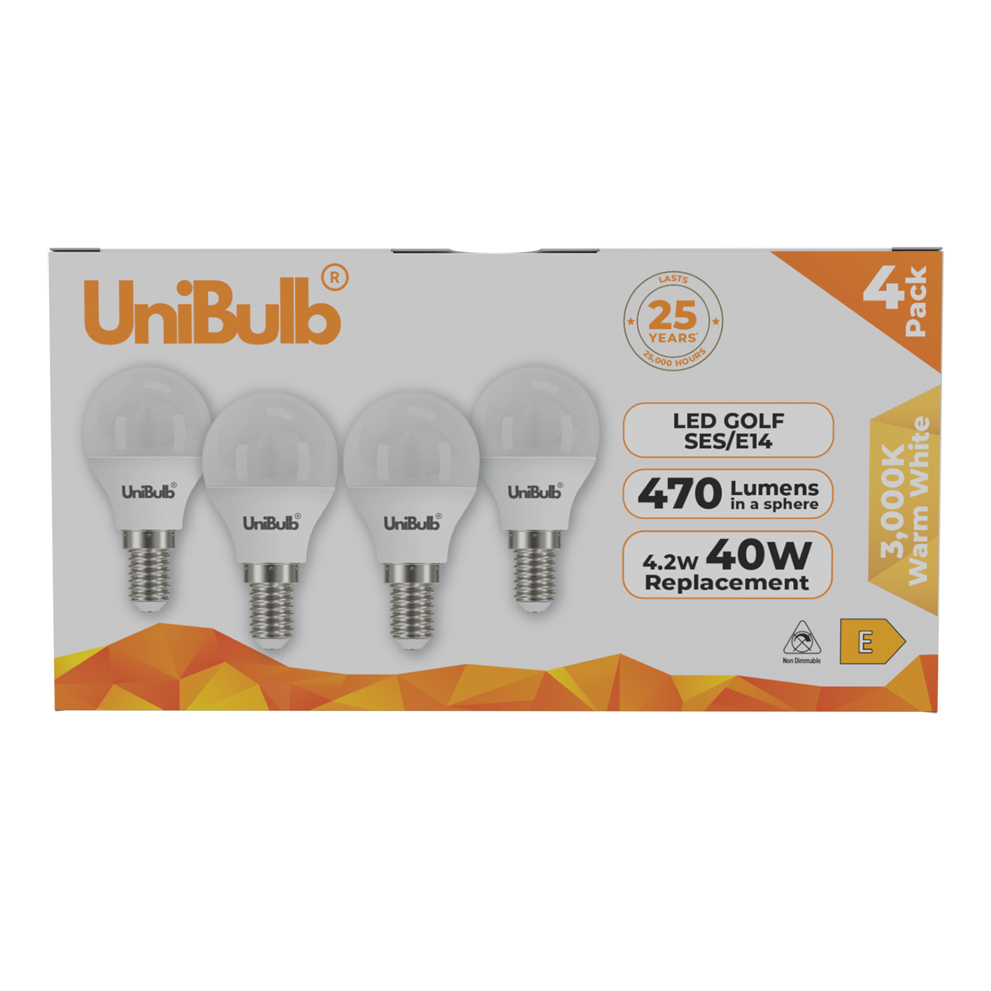 UniBulb Golf E14 Small Screw Lightbulb 470lm 4.2W 3000K Warm White Pack of 4 - Image 2