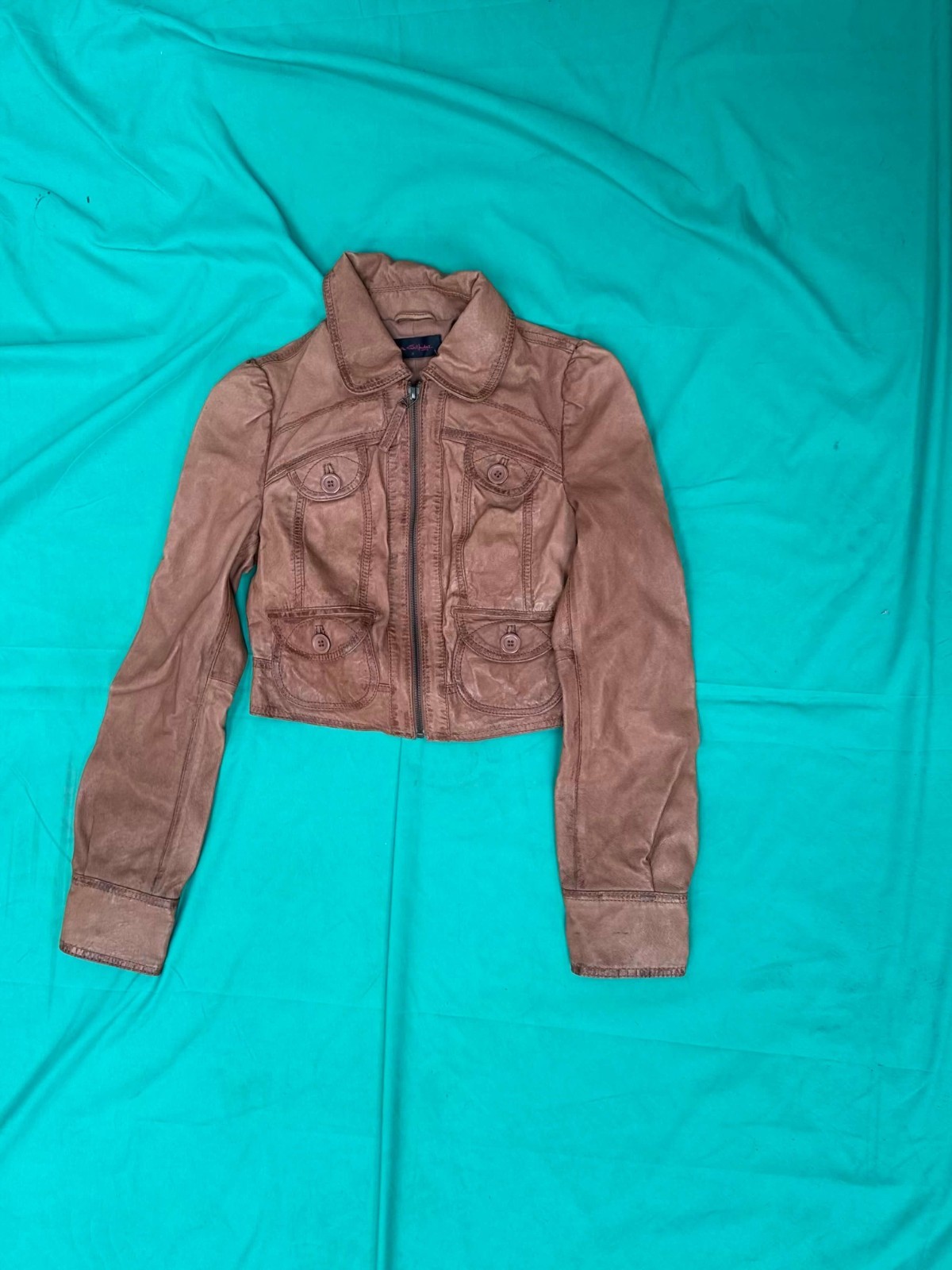Miss Selfridge Tan Leather Jacket Size 6 Women’s Cropped Fitted Biker Style image 2