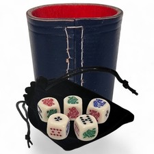 Poker Dice Ivory Rounded Corners w/Pouch  Real Leather Compact Dice Cup Black