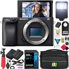 Sony a6400 Mirrorless Camera ILCE-6400/B + Deco Gear Pro Kit Flash & Case Bundle