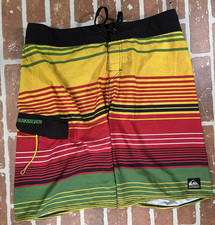 Y2K Quicksilver Board Shorts Men L 36" Rasta Stripe Surf Swim Pool Trunks Reggae