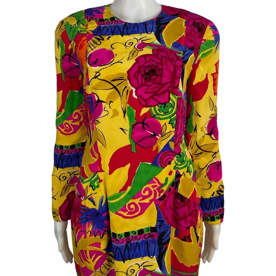 Vestido de seda colorido vintage talla mediana años 90 abstracto estampado mixto vaina vestido Foto 4 de 4