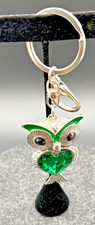 Bag Purse Charm Bling Owl Key Ring Silver Tone Green Crystal Heart Rhinestone