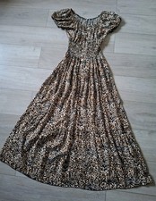 Zuppe Beige Black Abstract Print Midi Dress Frilled Hem Bardot Neck Boho UK12/14