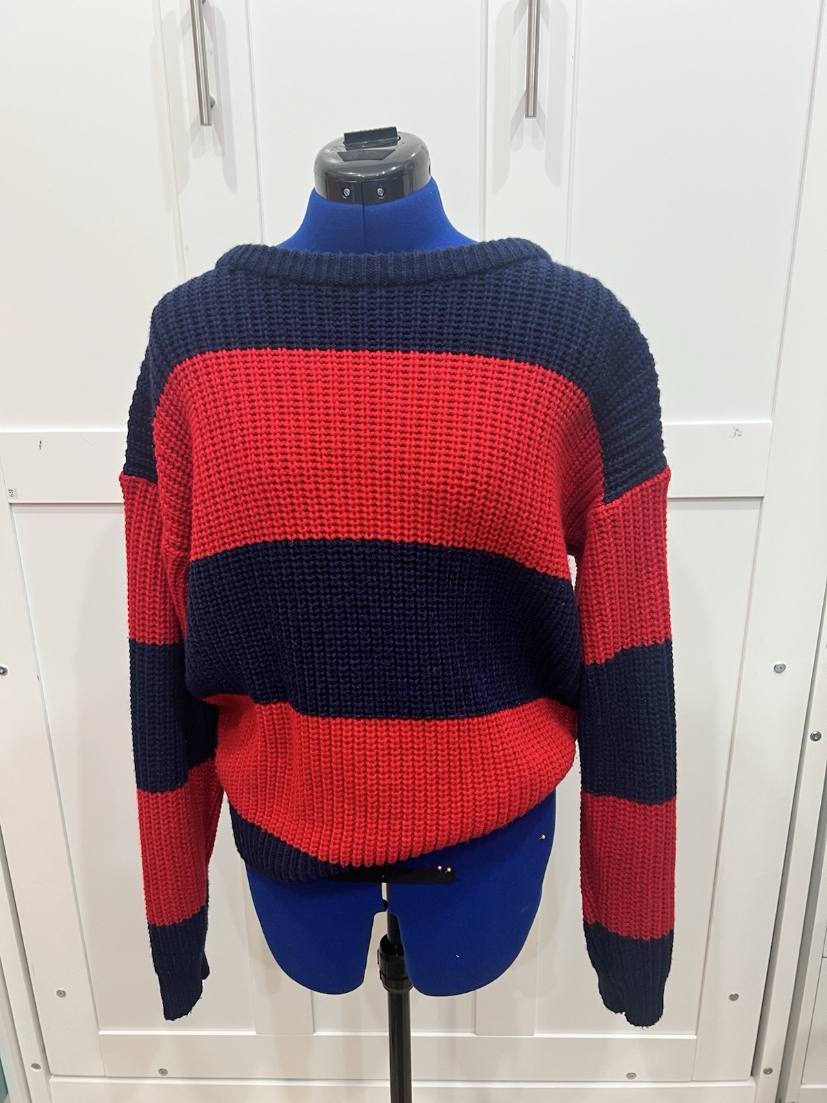 Vintage 90s Chunky Knit Colorblock Sweater Red Navy Oversized Large