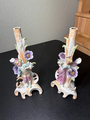 Pair of Beautiful Ornate Bisque Porcelain Victorian Candle Stick Holders