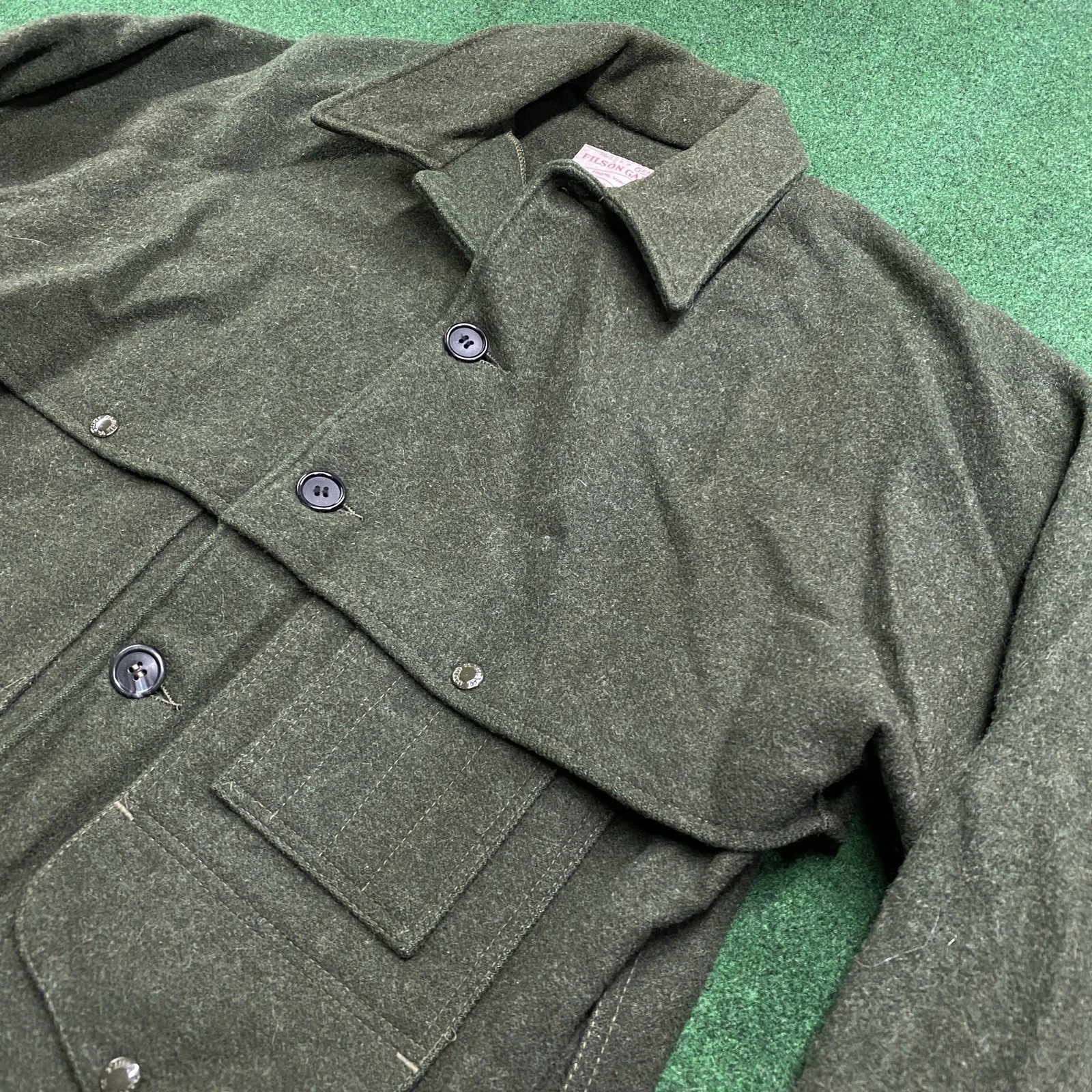 Vintage Filson Mackinaw Coat Mens L Green Double Breasted Wool Cruiser USA MADE - product detail image 2