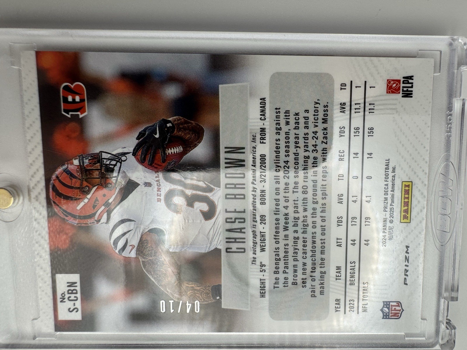 2024 Panini Prizm Deca Signatures Chase Brown Gold Auto /10 #S-CBN Bengals view 2