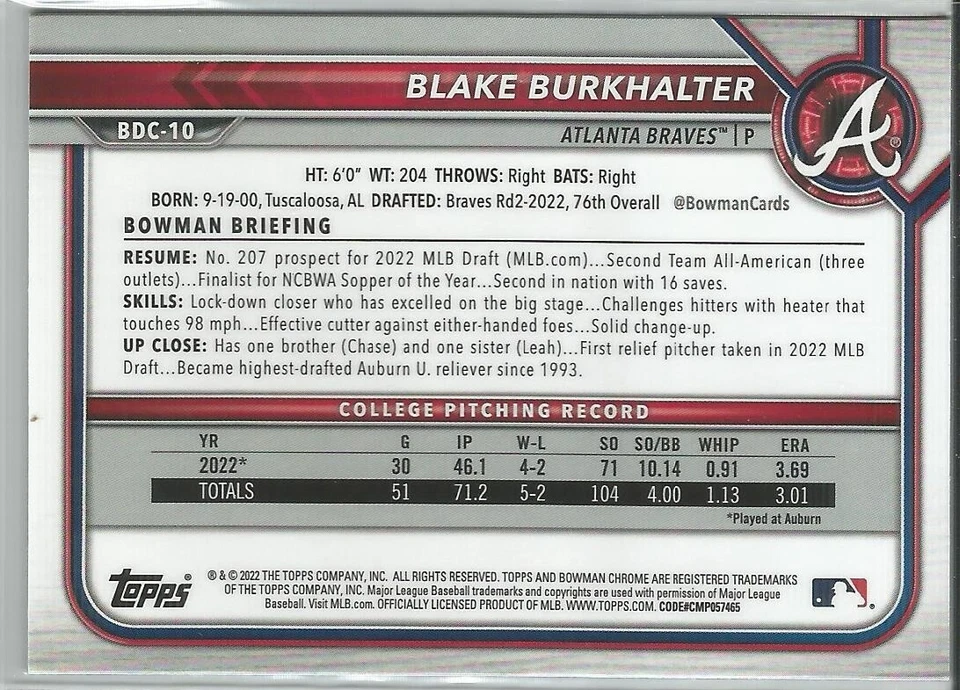 Blake Burkhalter 2022 Bowman Chrome Sapphire 1st Bowman #BDC-10 - Image 2 of 2