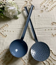 924⚜️Two Antique Enameled Sheet Metal Kitchen Utensils Ladle and Skimmer Blue