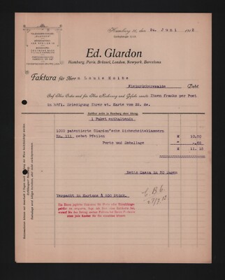 HAMBURG, Rechnung 1912, Ed. Glardon Sicherheitsklammern
