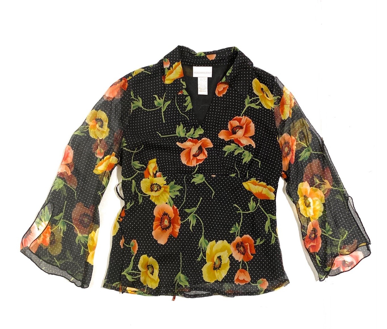 Worthington Women's V-Neck Silk Blouse Black Floral Size L