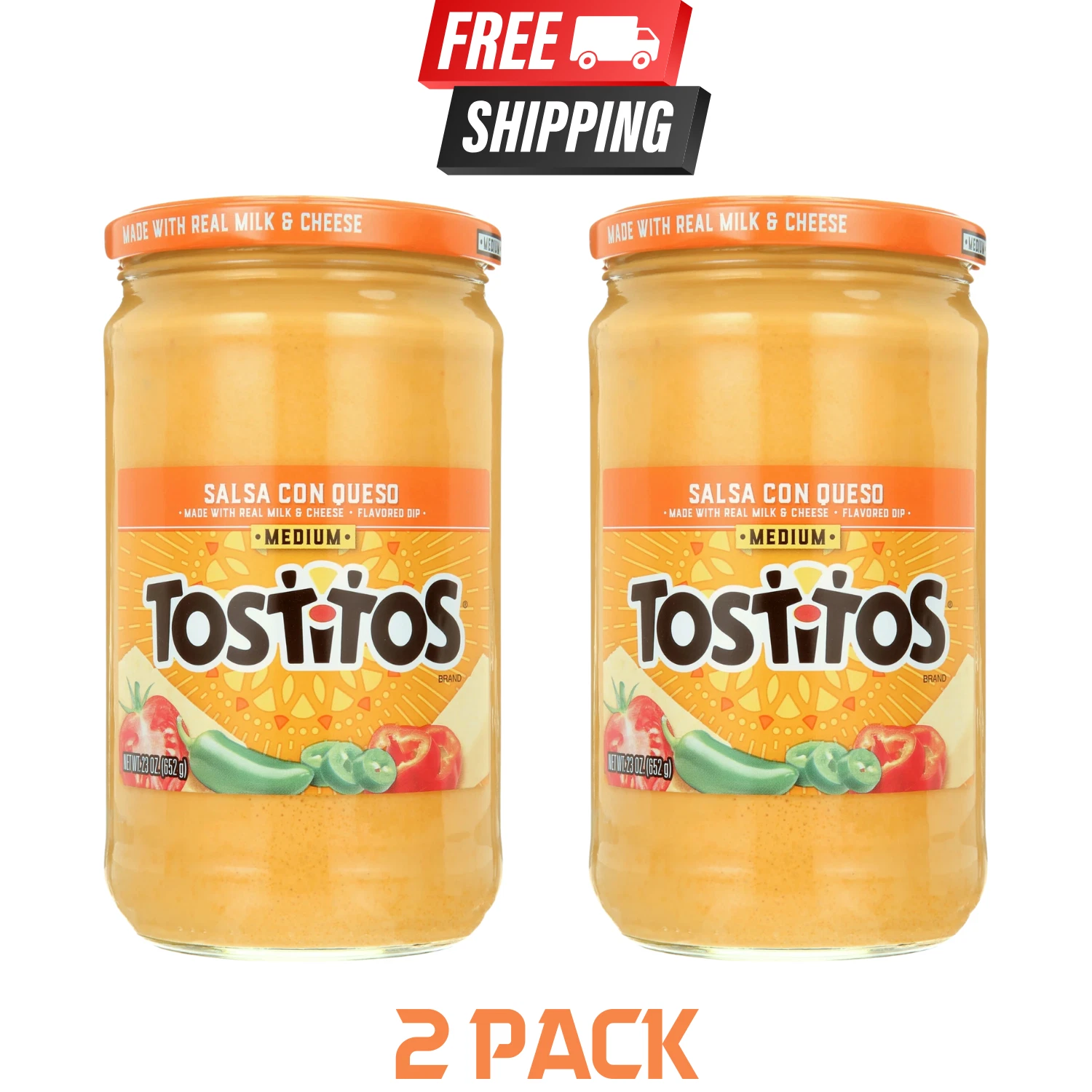 Tostitos Medium Salsa Con Queso, 23 oz Jar - 2 Pack