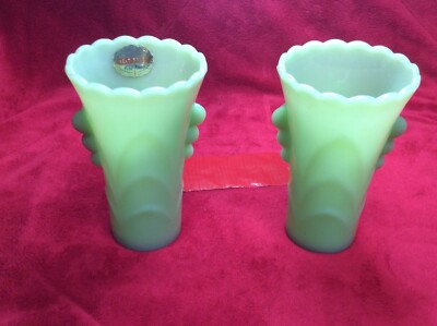 2 Vintage Anchor Hocking Fire King Jadeite Art Deco LABEL Scalloped Bead Vases 