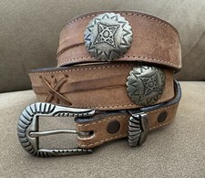 True Vintage Western Cowboy Conchos Stitched Leather Ranger Belt Buckle Set