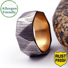 Customized Faceted Damascus Steel Brass Sleeve Handmade Men Engagement Ring Band