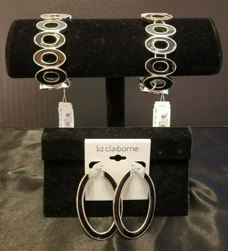 Liz Claiborne Black & Silver Bracelet & Hoop Earrings SET