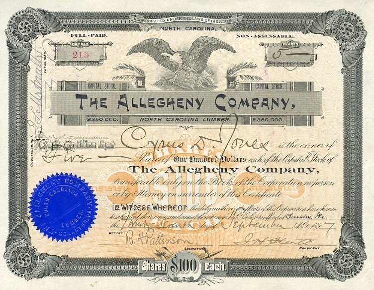 1897 Allegheny Co Stock Certificate