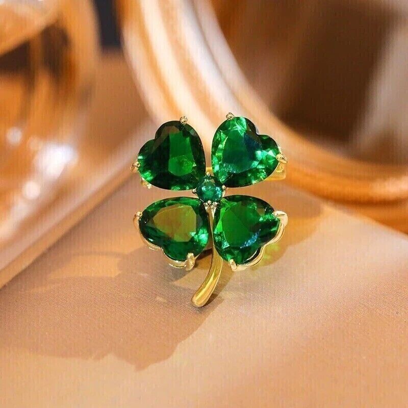 14K Yellow Gold Plated Silver 3Ct Heart Lab-Created Emerald Womens Flower Brooch