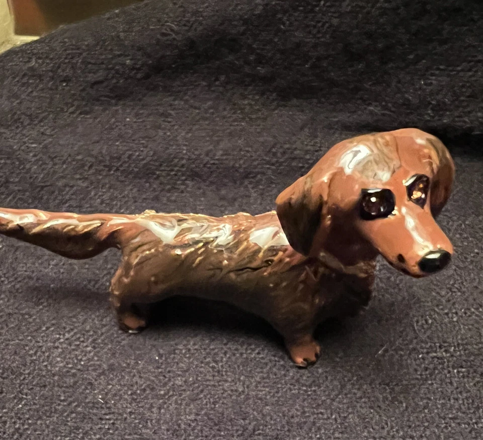 Broche Erwin Pearl Dachshund Esmalte Rojo/Marrón Pelo Largo Ojos Joyas, De Colección Foto 4 de 4