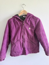 Girls Carhartt sherpa-lined hooded duck canvas jacket purple size L 10-12