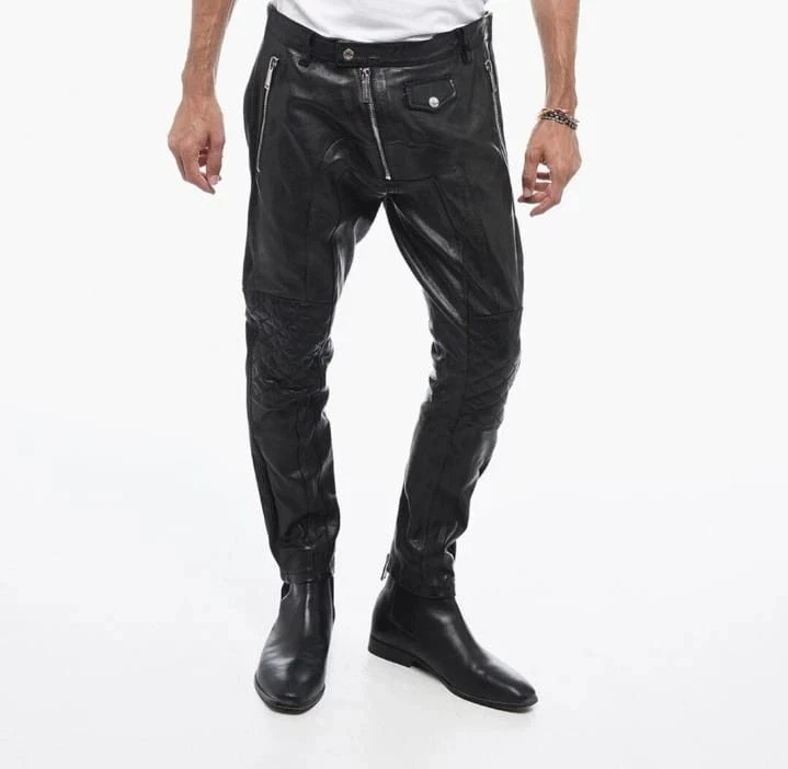 Men's Real Lambskin Soft Leather Black Biker Pant Quilted Knees And Slim