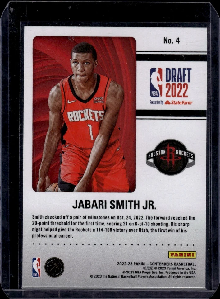 2022-23 Panini Contenders Draft Class #4 Jabari Smith Jr. Houston Rockets - Image 2 of 2