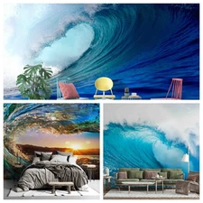 3D Sea Wave Sunset Blue Self-adhesive Wallpaper Removable Wallpaper Wall Mural