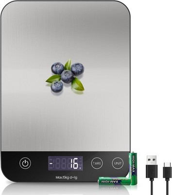 USB C Elektronische Küchenwaage, 15 kg, Hochpräzise 1 g/0,1 oz Lebensmittelwaage, Rec