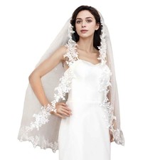 Bridal Veil Pearl Beaded Edge 1 Tier Fingertip Length Wedding Veil with Comb