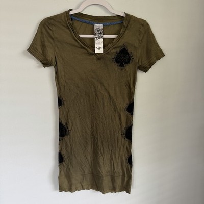 Crash & Burn Rocker Graphic Tee M Olive Green Skull Rhinestone Affliction Style