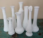 Vintage Lot Of 8 Mixed Patterns & Sizes White Milk Glass Vases Wedding/ Shower